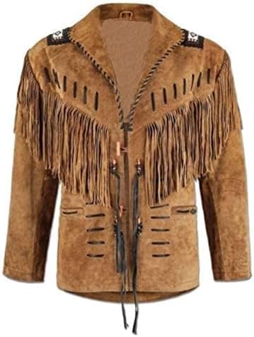 RAYS WESTERN SUEDE DARK BROWN LEATHER JACKET WITH FRINGS, BADGES AND BEATS
