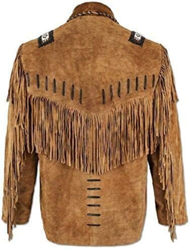 RAYS WESTERN SUEDE DARK BROWN LEATHER JACKET WITH FRINGS, BADGES AND BEATS