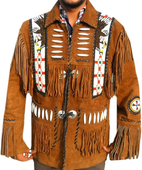 RAYS WESTREN LONG SUEDE DARK BROWN LEATHER JACKET WITH FRINGES, BADGES AND BEATS