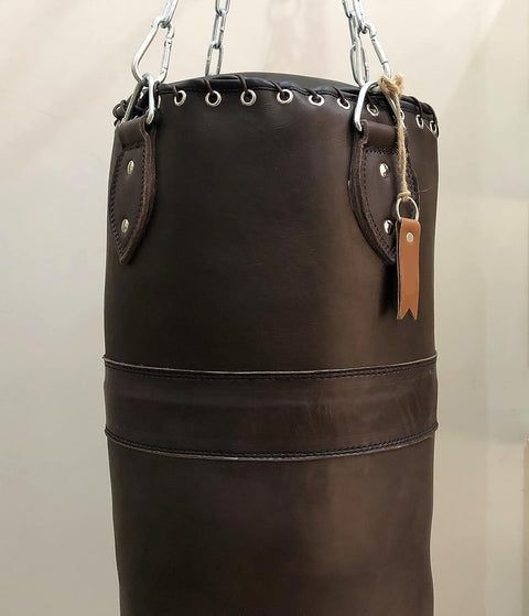 RAY'S Heavy Punching Bag, Brown Genuine Leather, 5 Feet, Unfilled, with Chain and Metal D-Rings