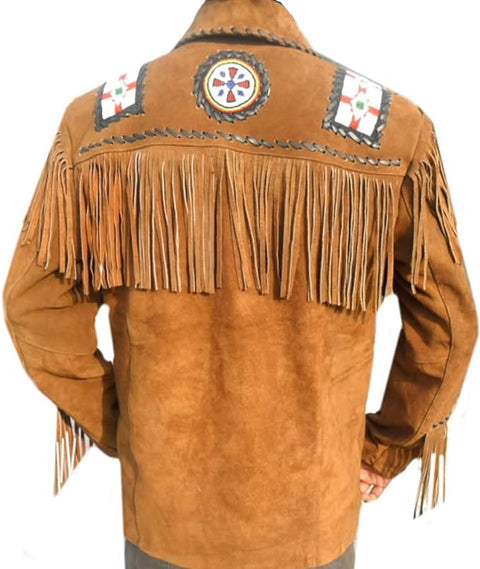 RAYS WESTREN LONG SUEDE DARK BROWN LEATHER JACKET WITH FRINGES, BADGES AND BEATS